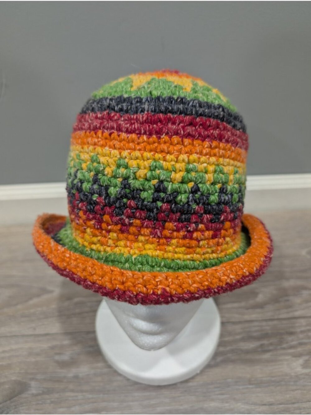 Casa De La Lana Bucket Hat Rainbow Handknit 100% Wool Boho Festival Stripe Sun View 2